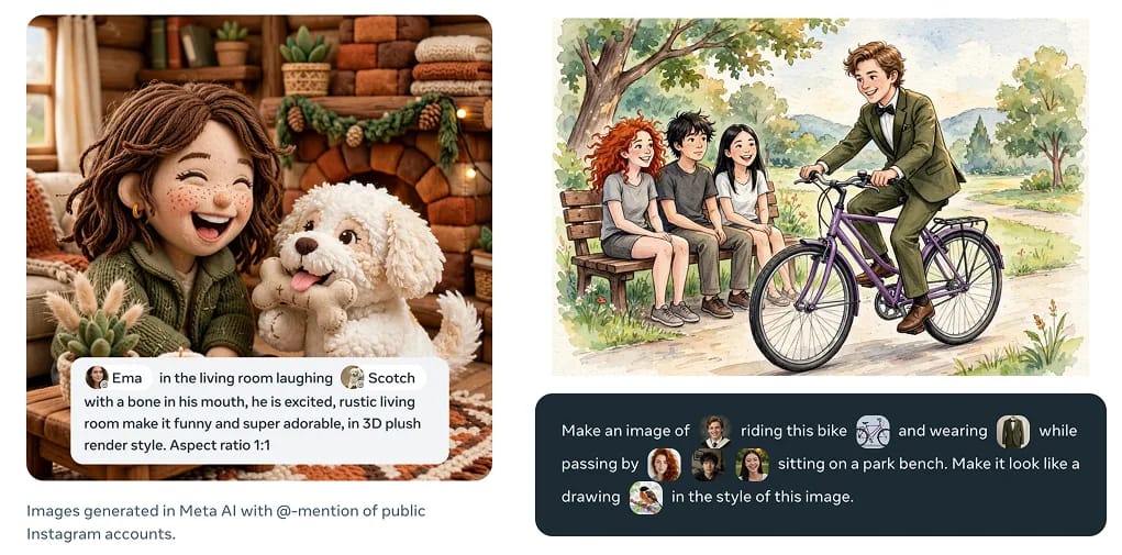 Meta's own launch examples for Muse Image: real people's faces and public Instagram accounts, @-mentioned into prompts
