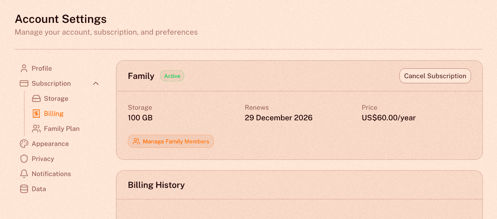 The Billing page showing the active plan with its renewal date, price, and the Cancel Subscription button