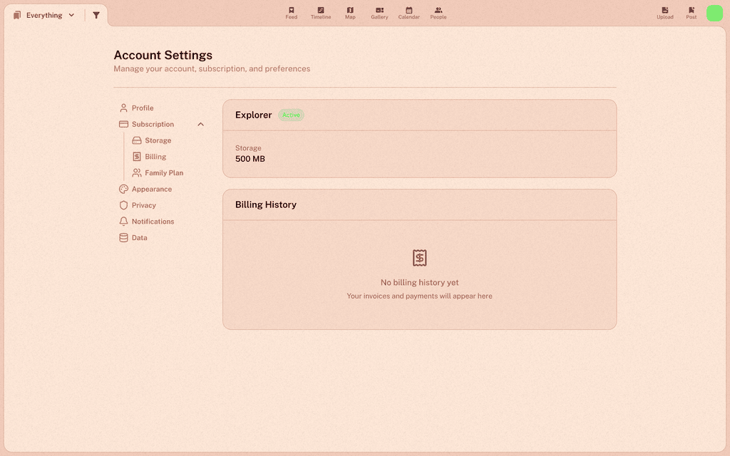 The Billing page showing the current Explorer plan and the billing history section
