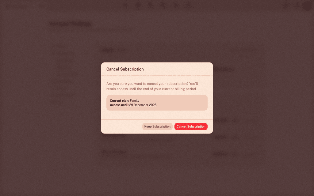 The Cancel Subscription confirmation modal showing the current plan and access-until date