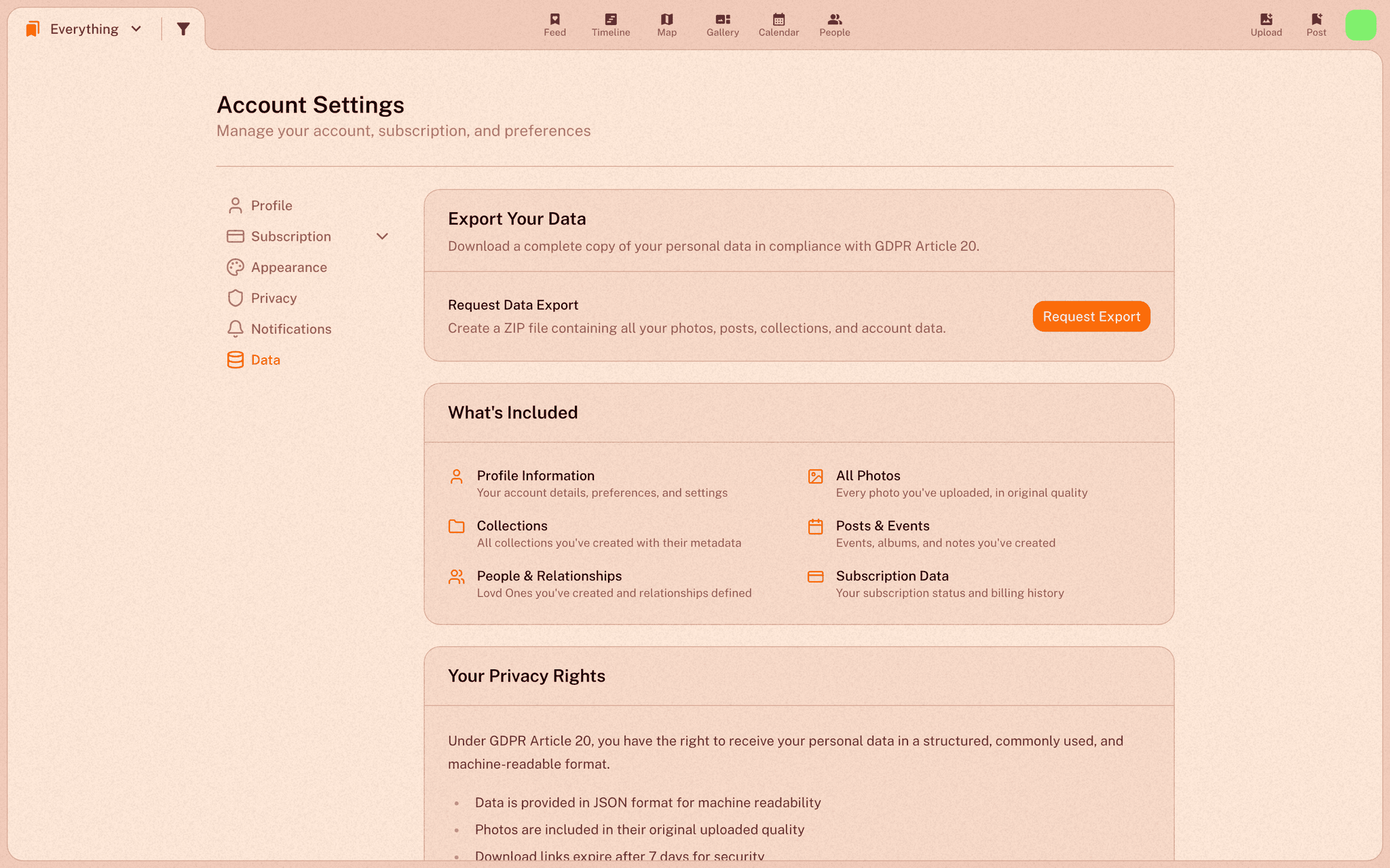 The Data settings page showing Request Data Export and the What's Included breakdown