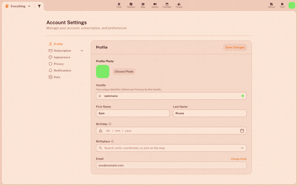 Screenshot der Seite Konto → Profil mit Profilbild, Handle, Name, Geburtstag, Geburtsort und E-Mail-Feld sowie dem Button „Änderungen speichern".