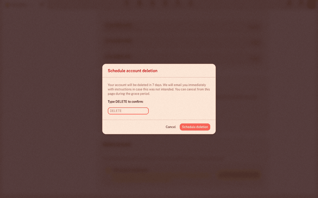 Captura de ecrã do modal de confirmação "Agendar eliminação" com o campo onde se escreve DELETE.