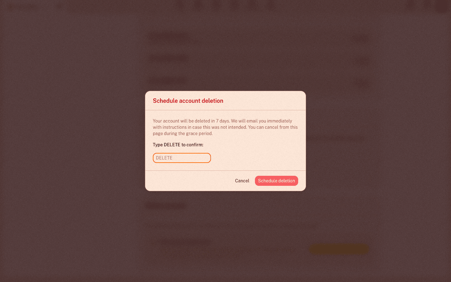 The Schedule account deletion modal with the type-DELETE confirmation field