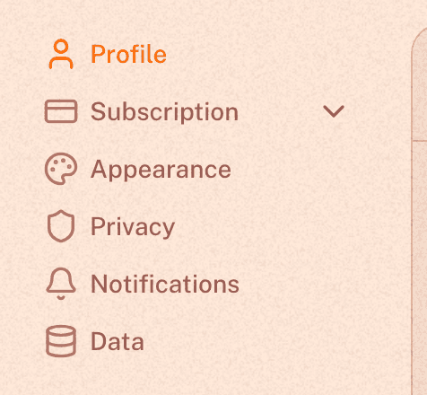 The account settings navigation: Profile, Subscription, Appearance, Privacy, Notifications, and Data