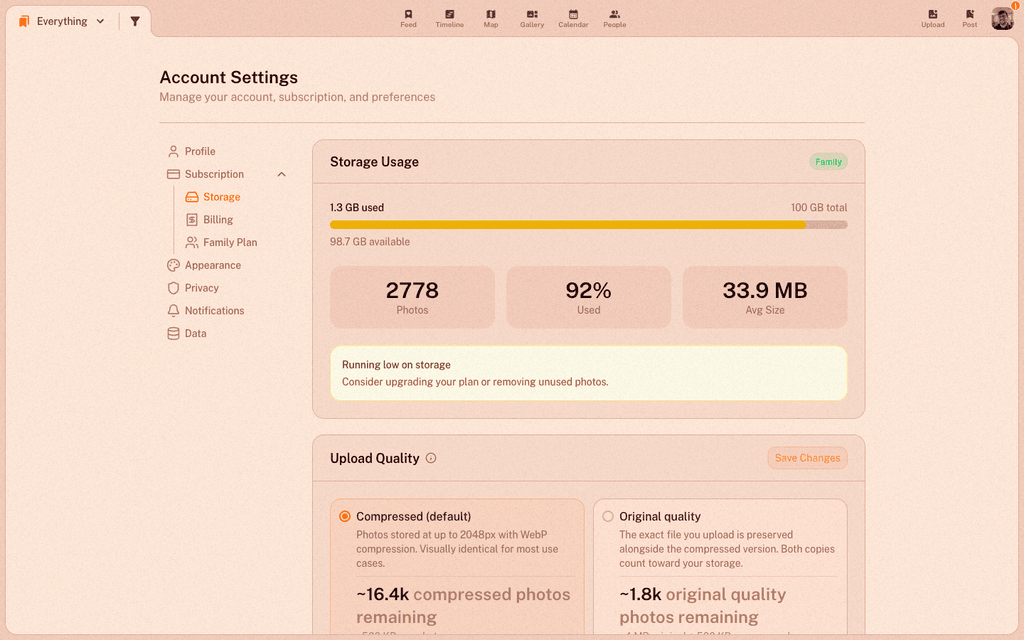 The Storage page at 92% usage with the amber “running low” warning banner