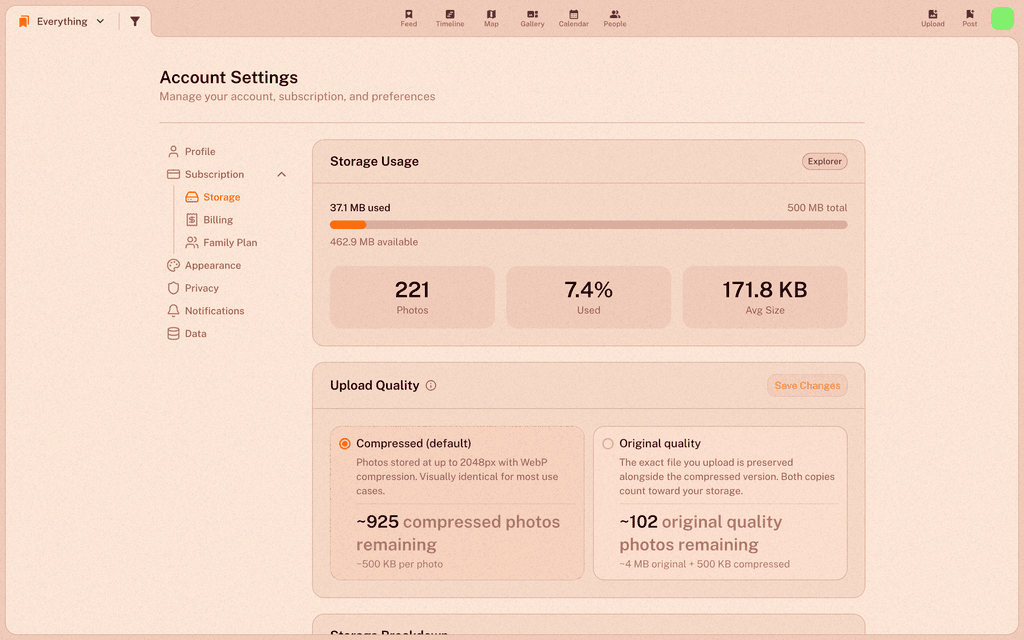 The Storage page showing the usage bar, photo count, percentage used, and average file size