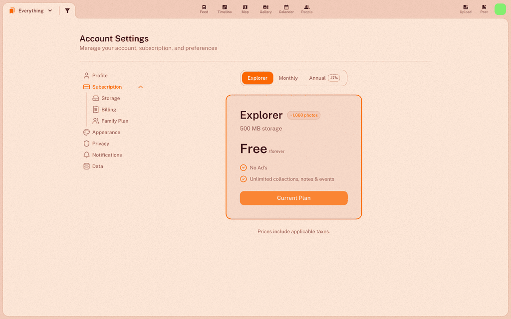 The Subscription page showing the current Explorer plan card with 500 MB storage at the Free price