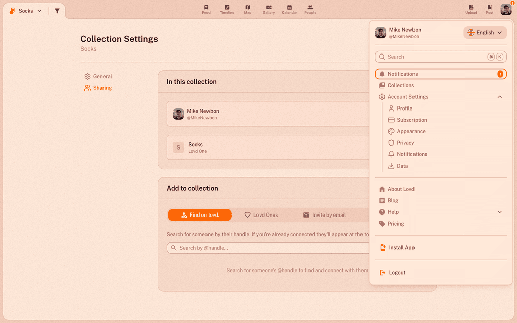 Captura del menú de usuario abierto desde la foto de perfil, con Ajustes de cuenta desplegado mostrando los apartados Privacidad y Notificaciones.