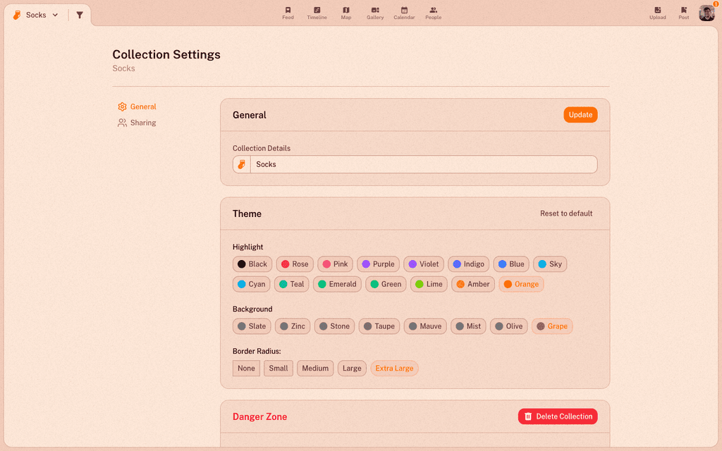 The collection Settings page: name, theme, and the Danger Zone with Delete Collection