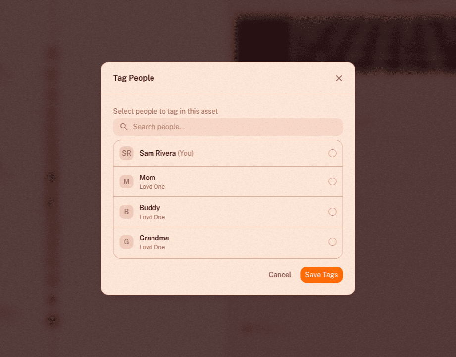 The Tag People picker open over a photo, listing the current user and Lovd Ones available to tag