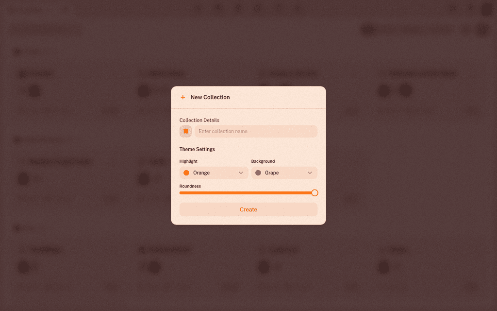 The New Collection dialog with the name field and theme colour settings
