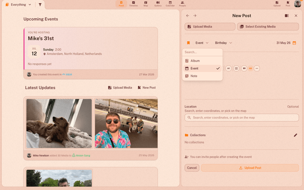 The New Post dialog with the post-type menu open showing Album, Event, and Note