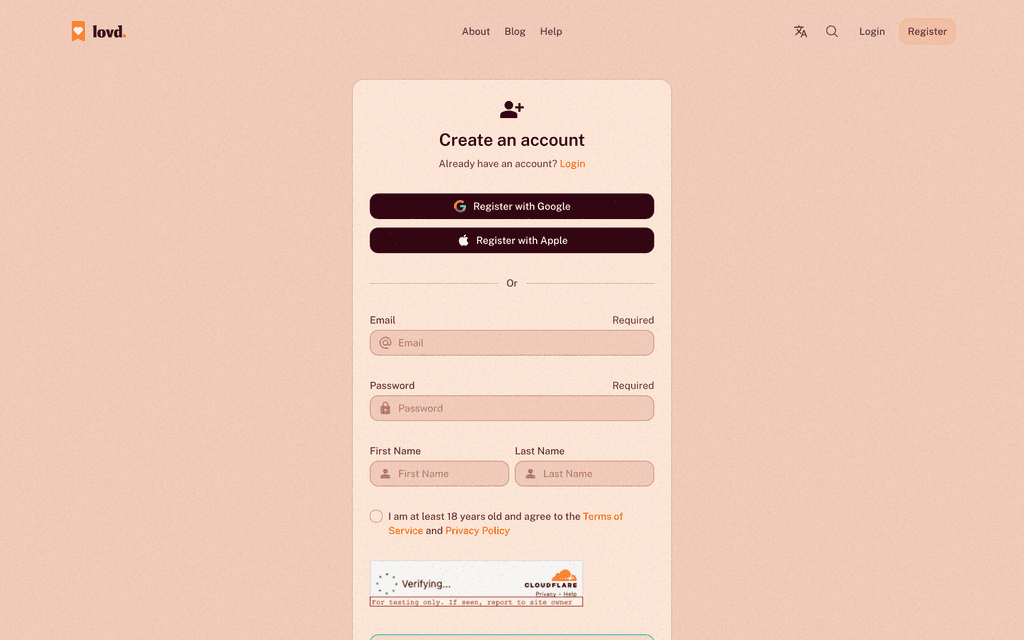 The lovd registration page with Register with Google and Register with Apple buttons above the email, password, name, and terms fields
