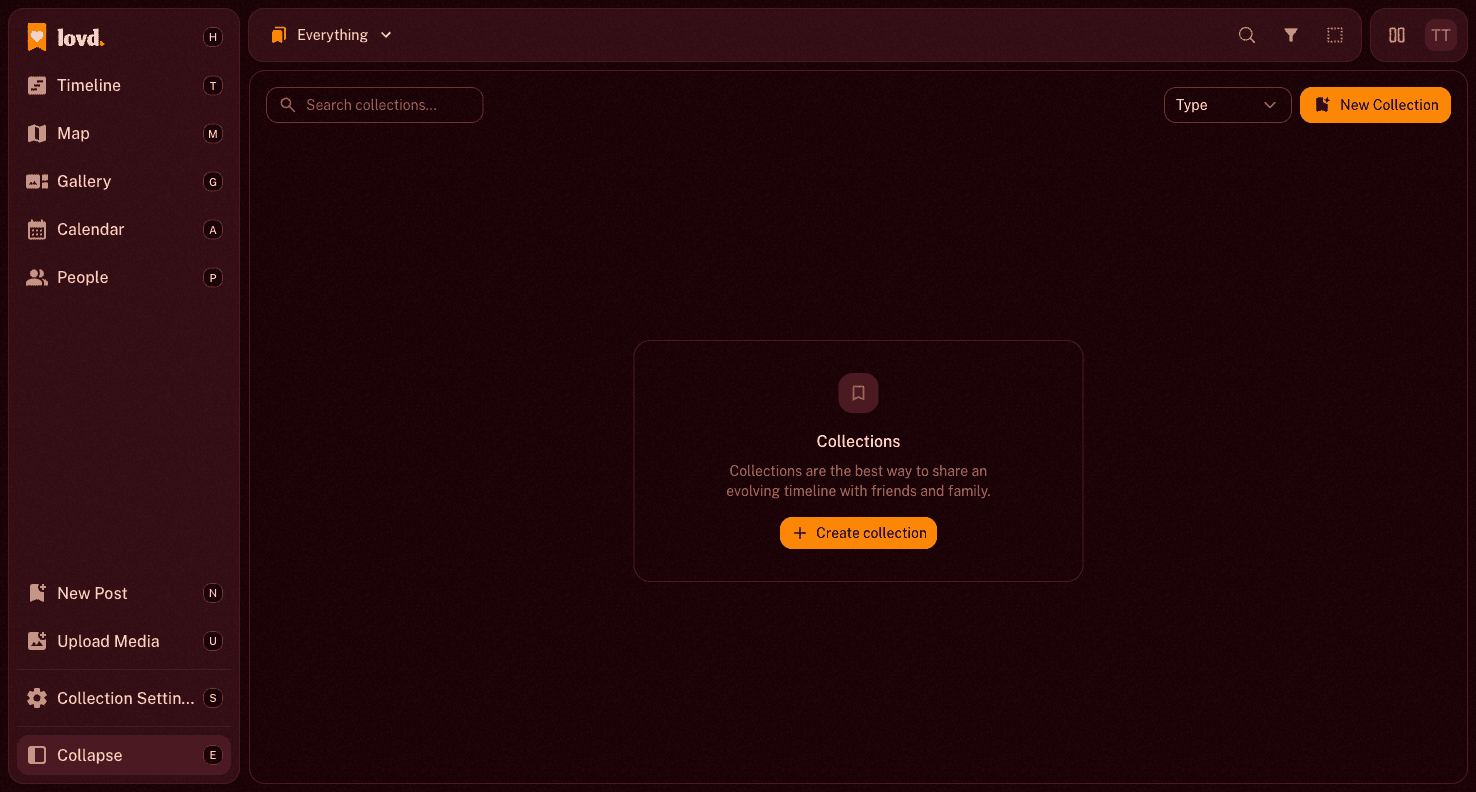 The lovd app showing a collection feed with events, recipes, and photos alongside a sidebar with collections and navigation