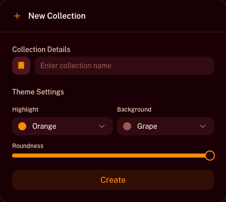 The New Collection dialog with icon picker, name field, and theme settings