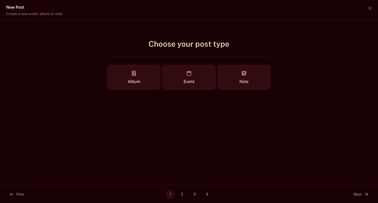 Nytt inlägg-dialogen som visar Album, Händelse och Anteckning som inläggstyper