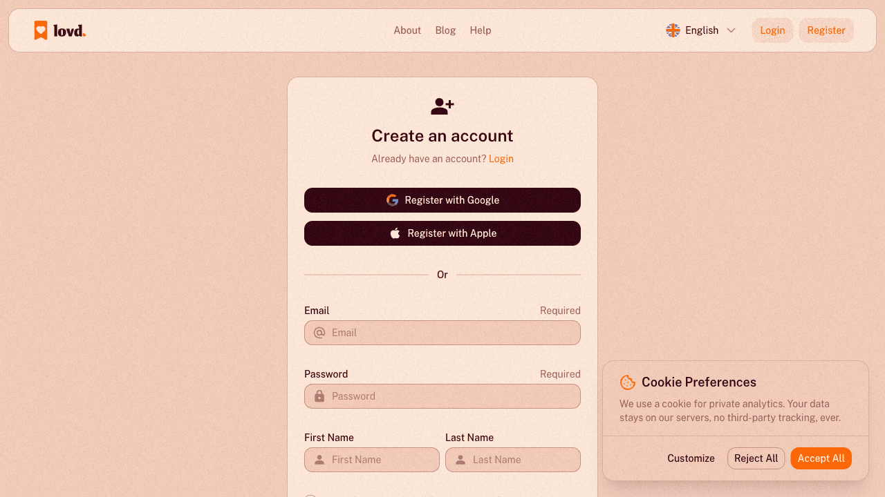 The lovd registration page showing email, Google and Apple sign-up options